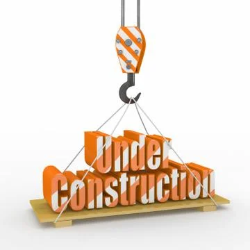 Under construction. crane lifts the text on white background. 3d 스톡 일러스트