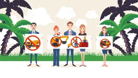 Under construction, demonstration group with banners, vector illustration Stock Illustration