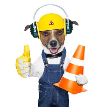 Under construction dog Stock-Fotos
