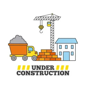 Under construction house crane tipper truck and wall brick Stock Illustration