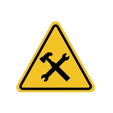 Under construction at a location, wrench and lung on the yellow triangle sign Stock Illustration