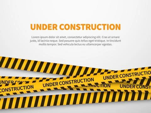 Under construction page. Caution yellow tape construct warning line background Stock Illustration