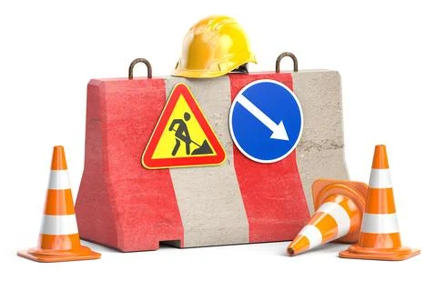 Under construction. Road barrier with trafic signs, cones and hard hat. Stock-Illustration