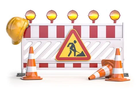 Under construction. Road barrier with trafic signs, cones and hard hat. Stock Illustration