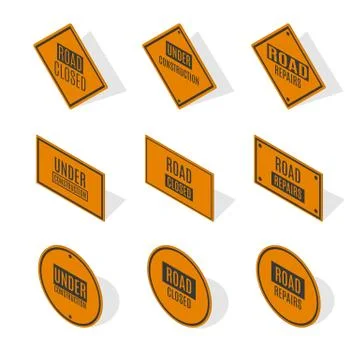 Under construction road sign in 3D isometric style, vector illustration. Illustrazione stock