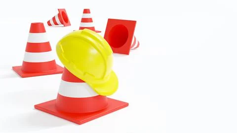 Under construction . Safety hat and traffic cone . Isolated white background  Stock Illustration