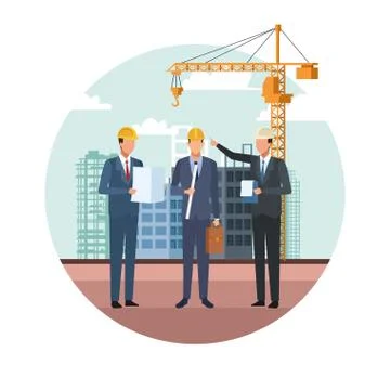 Under construction scenery with engineers over white background Stock Illustration