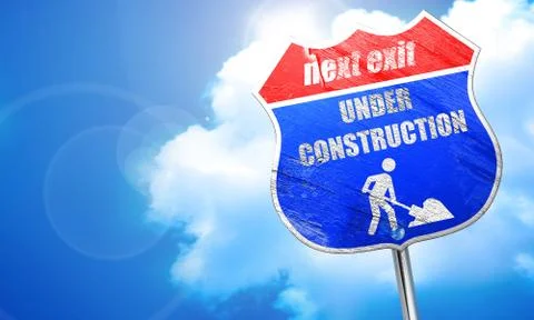 Under construction sign, 3D rendering, blue street sign Stock Illustration