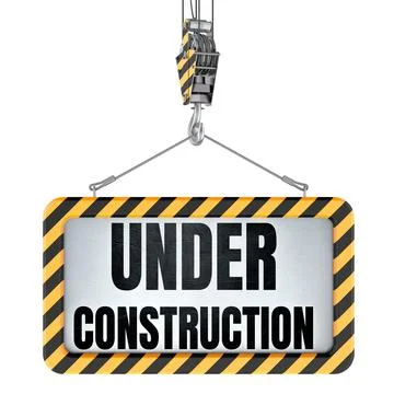 Under Construction sign on crane hook. 3D rendering Stock Illustration