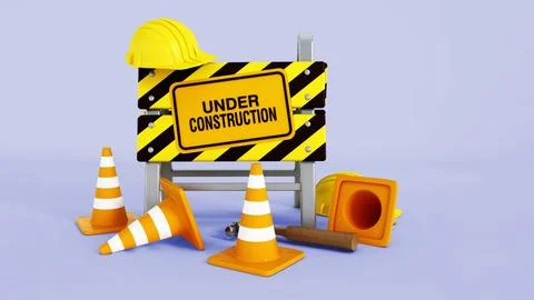 Under construction sign, helmets, traffic cones and tools. 3D illustration Stock Illustration