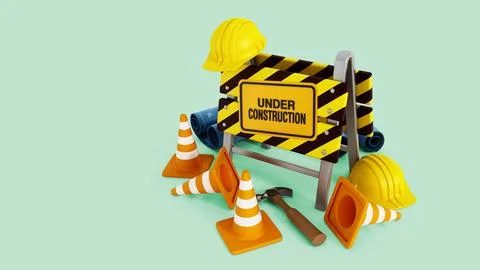 Under construction sign, helmets, traffic cones and tools. 3D illustration Stock Illustration