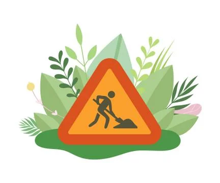 Under Construction Sign with Man Digging Ground in Blooming Flowers and Leaves Illustrazione stock
