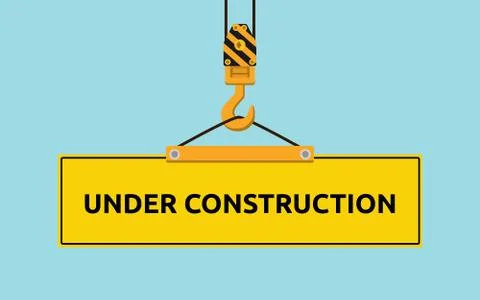 Under construction signboard with crane and hook Illustrazione stock