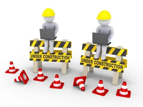 Under construction signs and two workers with laptops Stock Illustration