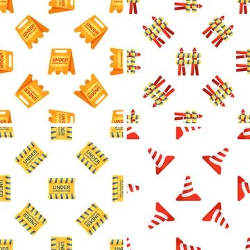 Under Construction Signs Seamless Pattern Showing Roadblock, Cones and Warning Illustrazione stock