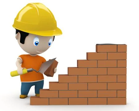 Under construction! social 3d characters: man using trowel to place the brick Stock Illustration