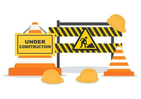 Under Construction With Symbol Worker Hold Stop or Road Sign, Tape Warning, C Stock Illustration
