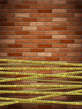 Under construction tape on bricks background Illustrazione stock