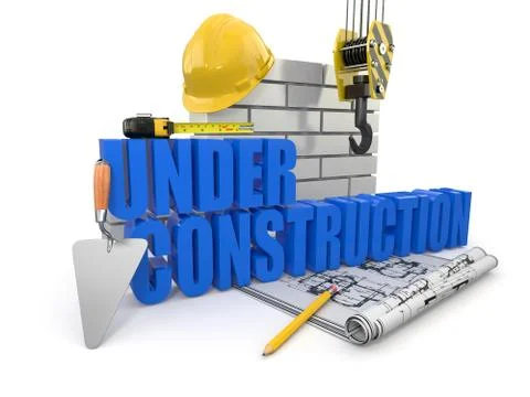 Under construction. tools, hardhat and wall. 3d Stock Illustration