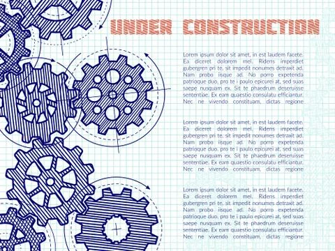 Under construction vector background with hand drawn gears on notebook page Stock Illustration