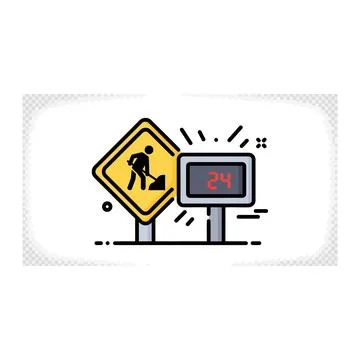 Under construction work sign with digging worker and 24/7 digital display Illustrazione stock