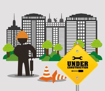 Under construction worker city road cone building and trees Illustrazione stock