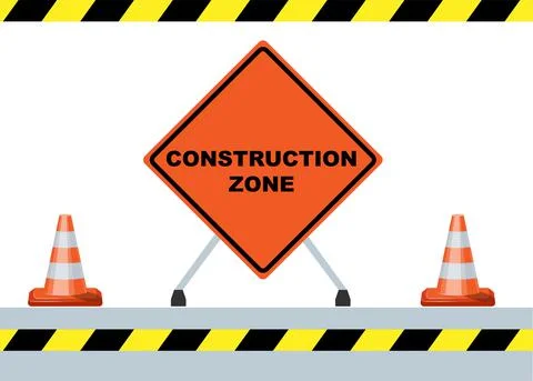 Under construction zone, road cones, warning tape vector illustration Stock Illustration