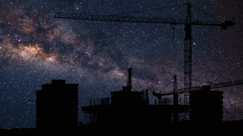 Under Construstion Concept: Construction Site with Big Tower Crane in Silhouette Stock Footage 194894370