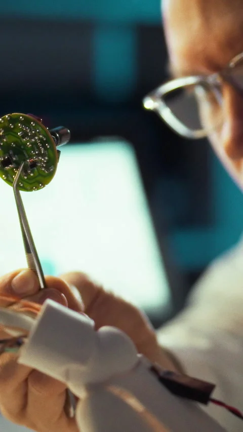 Under dim laboratory lighting a skilled engineer meticulously examines a tin Stock Footage 331731835