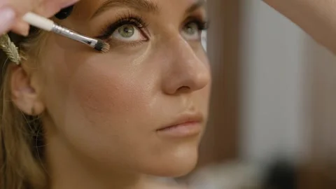 Under eye circle corrector, foundation. Makeup artist applies under eye circle Stock-Footage 312255827