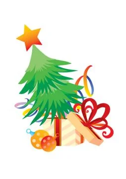 Under the green tree there are many gifts, vector illustration, cartoon illus Stock-Illustration