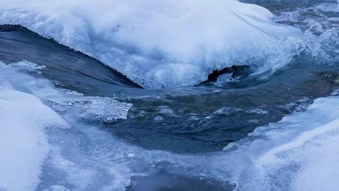 Under the ice build up running fresh water mountain stream close-up. Stock Footage 102272687