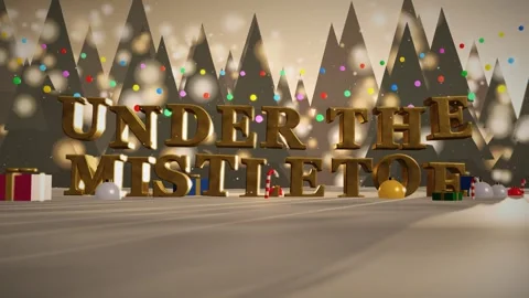 Under The Mistletoe Golden Metallic Letters in a Snowy Fir Forest with Falling Stock Footage 343370085