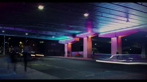 Under a Neon Bridge Timelapse 4k Stock Footage 82379962
