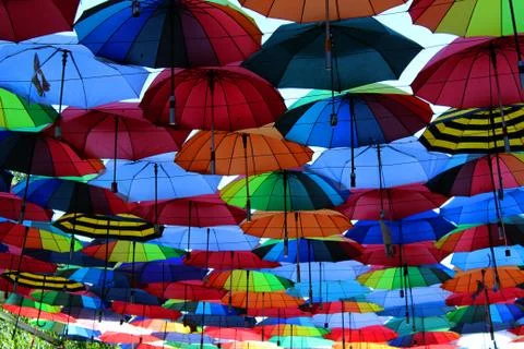Under a rainbow of umbrellas. Stock Photos