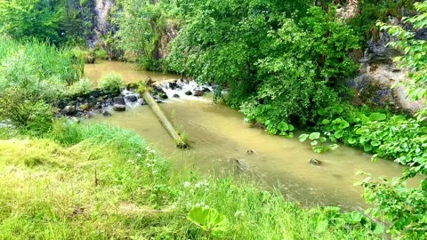 Under the rock a small mountain river flows from the lake Stock Footage 250783015
