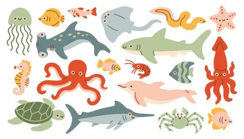 Under the sea animal vector collection. Cute shark, octopus, turtle, jellyfish 库存插图
