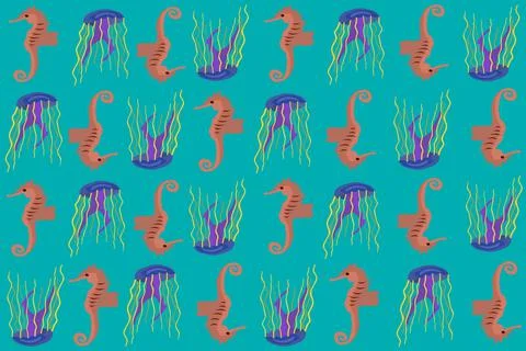 Under the sea seamless pattern cartoon seahorse and jellyfish vector Stock Illustration