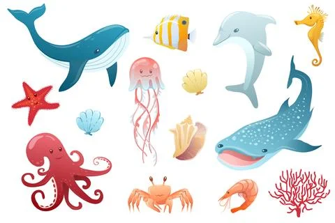 Under the sea set. Ocean collection with whale, shark, crab, octopus, fish Stock Illustration