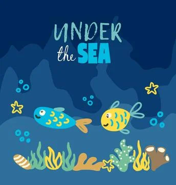 Under sea vector artwork colorful fish and marine life, hand drawn kids card Illustrazione stock