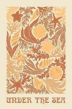 Under the Sea vector illustration with abstract ocean plants, seashells, se.. Stock Illustration