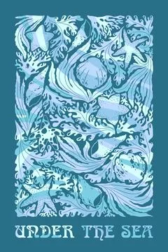 Under the Sea vector illustration with abstract ocean plants, seashells, se.. Stock Illustration