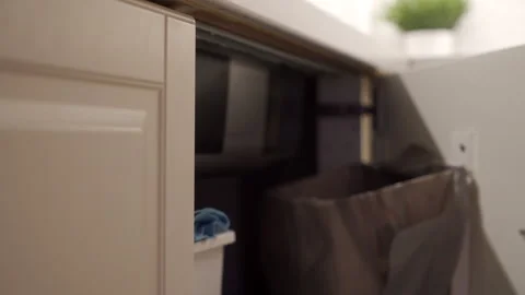 Under-Sink Trash Cabinet Opens and Closes with Muffled Sliding Thud Stock Footage 321204416