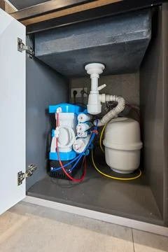 Under sink water filter system in cabinet Stock Photos