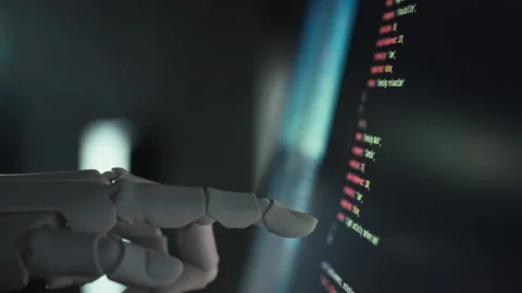 Under software guidance robotic arm automates coding creation embodying arti Stock Footage 331475710