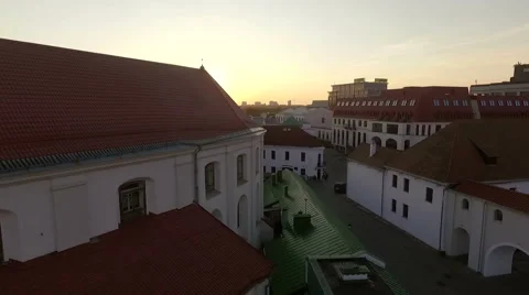 Under the sunset, aerial view of an old european town 스톡 동영상 68522927