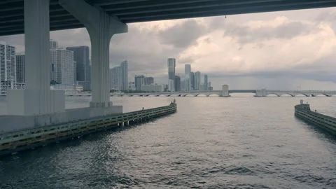 Under view of  highway overpass in Miami Florida with skyline in background Stock Footage 258849101