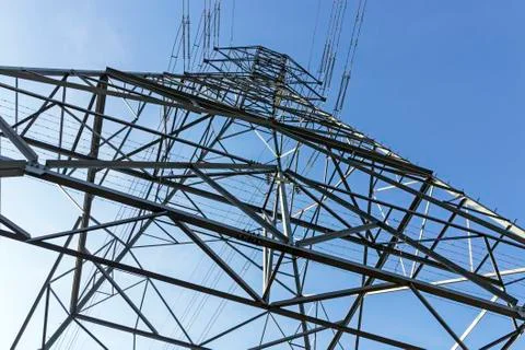 Under View of Structured  Metal Engineering of Overhead Electricity Pylon Stock Photos