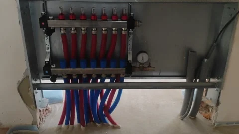 Underfloor heating manifold system with red and blue pipes Stock Footage 345449624