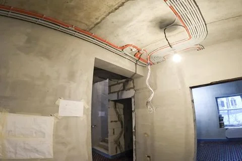 Underfloor heating system. Installation of underfloor heating. Stock Photos